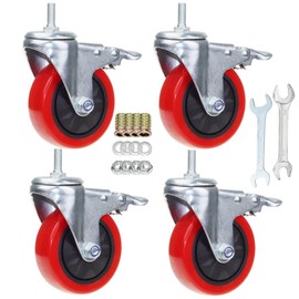 Heavy Duty Stem Caster Wheels M10-1.5X25mm Dual Locking No Noise PVC Threaded Stem Caster Wheels Pack of 4 for Workbench, Dolly, Furniture (4 Inch, Red)