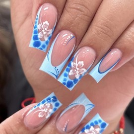 MISUD Press on Nails - Long Square Glue on Nails with Blue French Tip, Acrylic Summer Flower Design 24 pcs