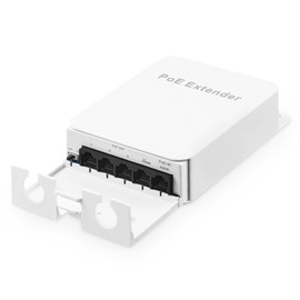 Outdoor PoE Passthrough Switch, 1 PoE in 4 PoE Out Extender, IEEE802.3af/at/bt PoE Powered 90W, 100Mbps Ethernet, Wall Mounting, Waterproof, Plug and Play