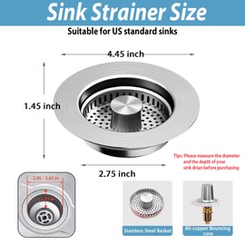 3 in 1 Kitchen Sink Drain Strainer, 304 Stainless Steel Sink Drain Strainer,Anti-Clogging Pop Up Sink Stopper,Kitchen Drain Strainer for US Standard (Sliver)