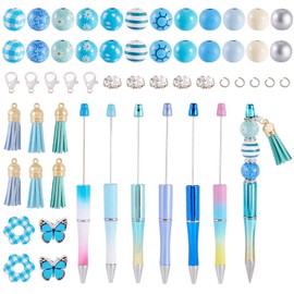 12 Sets Plastic Beadable Pens, Blue Themed Ballpoint Pens, Butterfly Flower Wood Beads, Crystal Spacer Beads with Black Inks for Students Office School Graduation Gifts