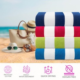 CASA COPENHAGEN Cabana Beach Towel Designed in Denmark Rough and Tough, Quick Dry, Pool, Bath & Shower 30x60 inches 4 Pieces Cotton Beach Bath Towels Set - Turquoise, Green, Pink, Royal Blue