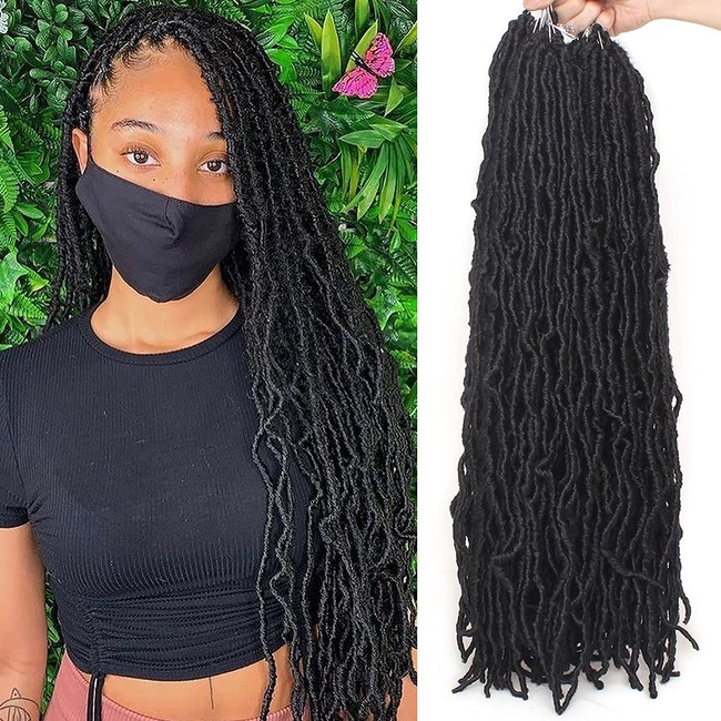 Leeven Distressed New Soft Locs Crochet Braids Hair 24 Inch Natural Butterfly Faux Locs 2 Packs Black Boho Goddess Locs Pre Looped Messy Curly Wavy Synthetic Hair Extensions for Women 21Stands/pack 1B