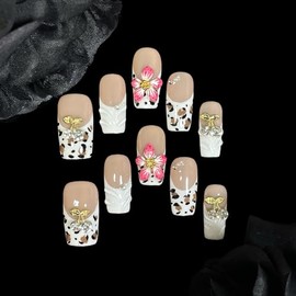Uñas Postizas Hechas A Mano, con Diseño Floral de Terciopelo 3D, Puntas Francesas Cuadradas Blancas, Cortas/Medianas, Diseño de Leopardo Y Cerezas, Uñ