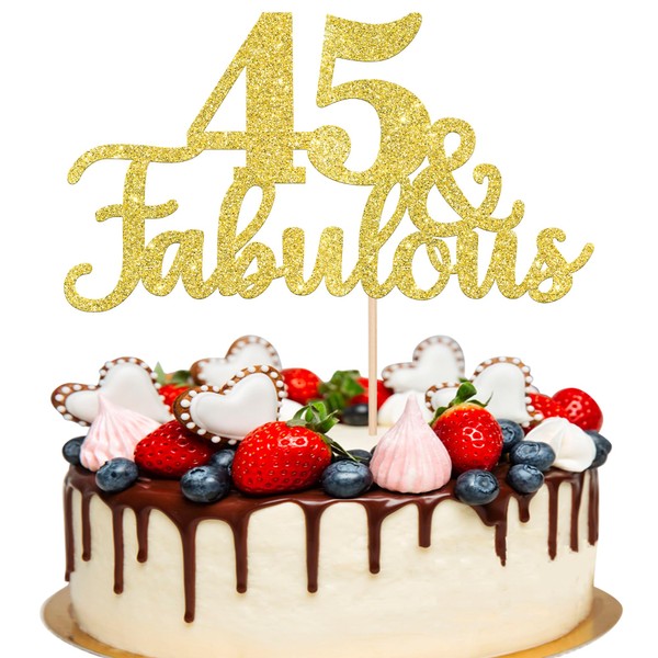 1 pieza dorada de 45 y fabulosa decoración para tartas con purpurina, cuarenta y cinco fabulosas decoraciones para tartas de 45 cumpleaños para 45 aniversario de boda, suministros de fiesta de cumpleaños