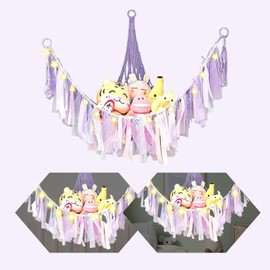 Qivine Stuffed Animal Hammock, 51'' Net for Stuffed Animals Corner Large with Star Light, Macrame Stuffed Animal Net with Hooks, Plushie Stuff Animal Organizer for Bedroom