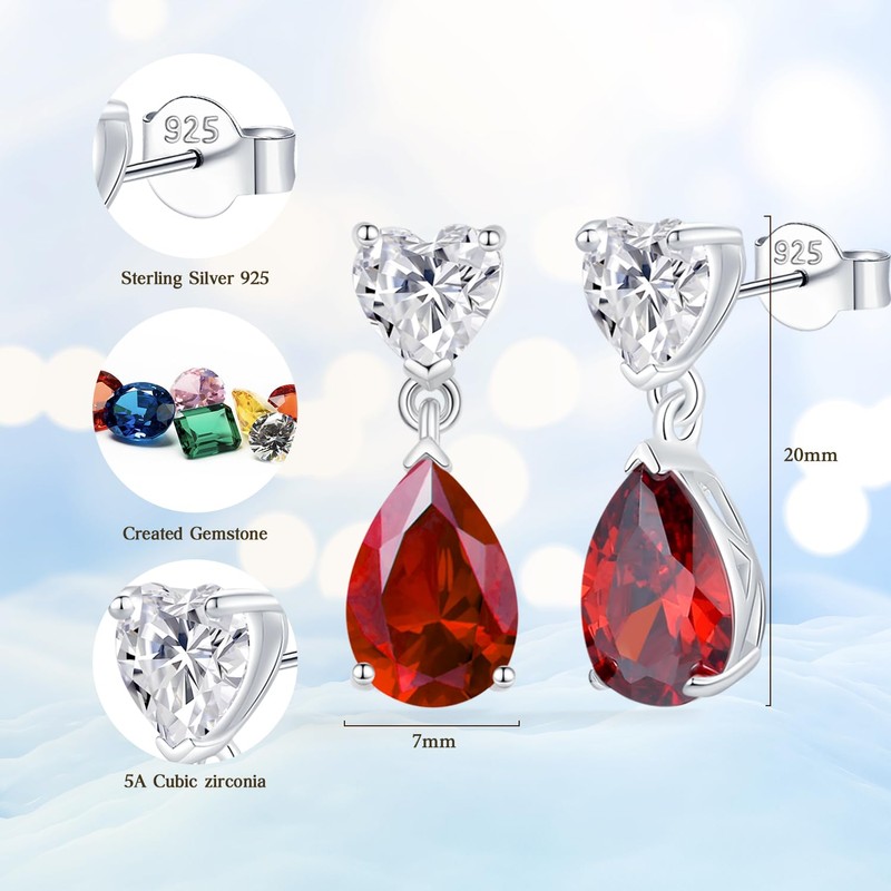 FANCIME Women's Birthstone Earrings, 12 Months, Birthstone Drops, Heart Motif,
