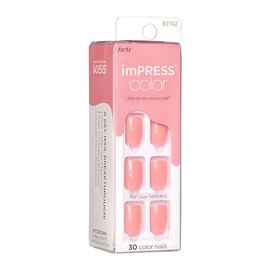 imPRESS KISS Color uñas postizas de color sólido sin esmalte, tecnología PureFit, longitud corta, Pretty Pink', incluye almohadilla de preparación, mi