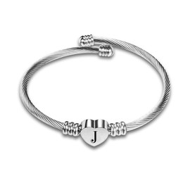 SBI Jewelry J Letter Bracelet Women Initial Cuff Alphabet Love Heart Silver Name Bangle Bracelet Stainless Steel Birthday Anniversary Christmas