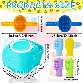 Ponpon 3PCS Dog Bath Brush with 4Pcs Toothbrush, Scrubber and Shampoo Brush with Adjustable Ring Handle, Shower Brush for Long and Short Hair
