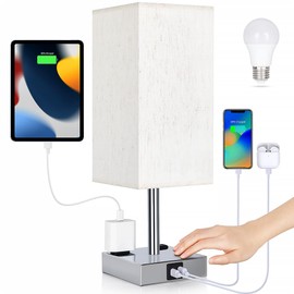 Bedside Lamp with USB Ports - Touch Control Table Lamp for Bedroom with USB C+A Charging Ports & AC Outlets, 3 Way Dimmable Nightstand Light for Living Room (LED Bulb Included, Chrome - Flaxen)