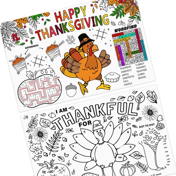 Thanksgiving Coloring Placemats, Disposable Turkey Paper Placemats Crafts for Kids Coloring Activity - 12 Counts, 2 Designs