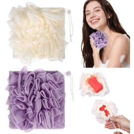 Soap Bar Loofah, 2 Pcs 2 in 1 Loofah Washcloth Set Bar Soap Pouch Can Hold Soaps Bath Sponge with Drawstring Effective Exfoliation for Body Wash Cleansing Bathing and Smooth Skin (Beige + Purple)