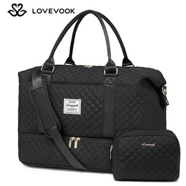 LOVEVOOK Weekender Bag Travel Duffel Bag with Shoe Compartment and Toiletry Bag for Women,Carry on Overnight Bag:_Black_L