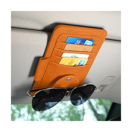 Mandark Car Sun Visor Organizer, Small Leather Vehicle Sunglass Clip Holder for Card License Registration Document Pen, Multifunctional Automotive Sunvisor Storage Pocket, Universal Fit (Orange)