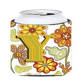 Caroline's Treasures CJ2003-YCC Letter Y Floral Mustard and Green Can or Bottle Hugger Cooler Washable Drink Sleeve Collapsible Beverage Insulated Holder, Can Hugger, Multicolor