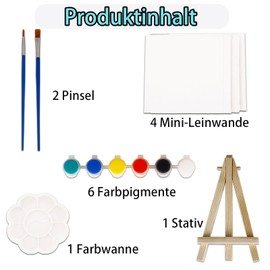 Ronoza Pack of 4 Canvas for Painting, 10 x 10 cm, Mini Canvas Panel with Mini Easel with 2 Brushes and Paint Tray for Crafts, Artists, Acrylic Paints, Acrylic and Oil Painting, White