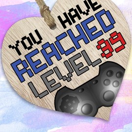 Fun 39th Birthday Gift For Men Woman Wooden Heart Plaques - Level Up - 39 - Light Wood Sign Keepsake, Happy Birthday Plaque, for Dad Mum Son Daughter Brother Sister Uncle Auntie Cousin