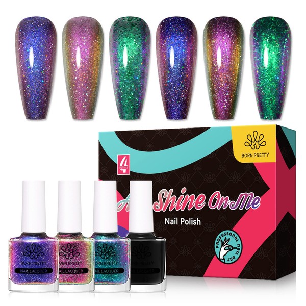 BORN PRETTY Starry Sky Manicure, Set of 4, Self Nails, Glitter, Polarized, Cosmic Sparkle, Mermaid Color, Quick Dry Type, Blue, Green