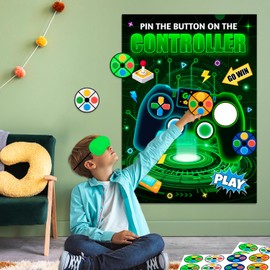 Pin The Button on The Video Game Party Game, Video Game Birthday Games Supplies - Video Game Party Game Poster, Video Game Button Sticker & Gaming Party Blindfold etc Video Game Birthday Decorations