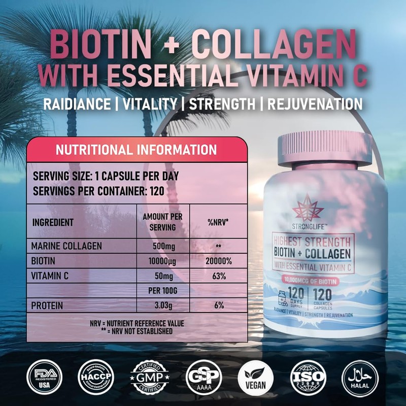 Marine Collagen & Biotin Capsules | 500mg Collagen, 10,000µg Biotin,