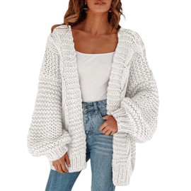 Cicy Bell Women's Open Front Chunky Knit Cardigans Loose Lantern Sleeve Oversized Sweater Coats White XL