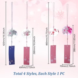 AHANDMAKER 4Pcs 4 Styles Japanese Wind Chimes, Romantic Flowers Glass Wind Bells with Label Japanese Style Suncatcher for Outside Garden Patio Christmas Home Decor(Colorful)