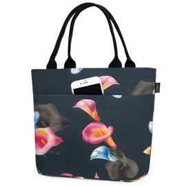 Insulated Lunch Bags for Women Large Leakproof Lunch Box Soft Cooler Tote Purse for Work School Black Calla Lily 10L