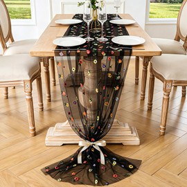 BINBE - Camino de mesa de 3 piezas, color negro, gasa bordada, 10 pies, flores de tul de temporada, día festivo, cumpleaños, cocina, comedor, decoración para fiestas en casa