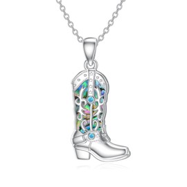 ROMANTICWORK Turquoise Cowgirl Boot Necklace 925 Sterling Silver Abalone Shell Western Texas Boot Pendant Jewelry Wild West Equestrian Gifts for Horse Lover