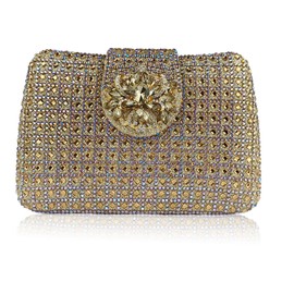 Sparkly Rhinestone Unique Evening Bag Women Floral Clutch Handbag Shoulder Bags, Gold