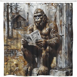 ZFMRZF Funny Gorilla Shower Curtain Farmhouse Rustic Hilarious Animal Monkey Reading Newspaper Misty Forest Man Country Interesting Bathroom Polyester Curtains Set with Hooks 70x70 Inch