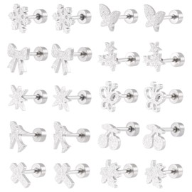 Beadthoven 10 Pairs Stainless Steel Stud Earrings for Women, Cute Butterfly Bowknot Snowflake Cherry Earrings Hypoallergenic Small Star Cross Leaf Ear Studs with Earring Backs for Sensitive Ears