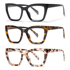 LKEYE Oversized Reading Glasses For Women Men Cat Eye Oprah Style Blue Light Blocking Computer Square Reader Designer Ladies Large Frame Fashion Spring Hinge Cute Eyewear LK6085 3 Pack +1.75 X