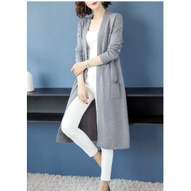 Loradouphi 221112 Women's Cardigan, Long, Autumn, Winter, Spring, Large Sizes, Thick, Long Sleeve, Pocket, Knitting, Clean, Ribbed, Layered, Soft, Elegant, Solid, School or Work, gray