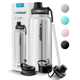 Wessper Stainless Steel Drinking Bottle, 1 Litre, Leak-Proof Thermos Flask, BPA-Free with 3 Lids, Silver Elegant Sports Water Bottle, Insulated Flask for Children, Adults, for Camping, Cycling,