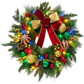 22 Inch Lighted Christmas Wreath with Timer, Red Bow and Ornaments