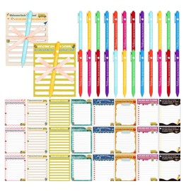 Shknldzsm 48 Pcs Back to School Stationery Students Gifts Bulk—24 Colorful Inspirational Ballpoint Pens,24 Sticky Notepads And Ribbon First Day of School Favors for Kids Teachers Classroom