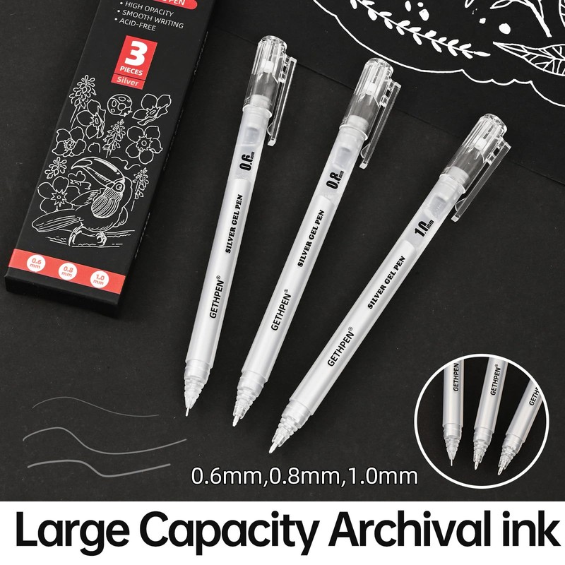 GETHPEN Silver Gel Pens 3-Pack - 0.6/0.8/1.0mm Fine Point Opaque