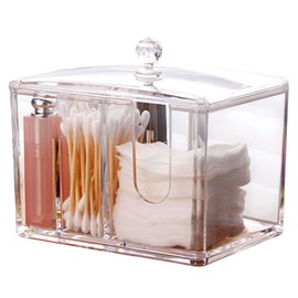 Watpot Qtip Cotton Pad Holder Dispenser Cotton Ball and Swab Storage with Lid Clear Acrylic Cotton Round Organizer, 4 Sections