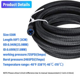 Bledtax 3/4" Fuel Line Hose 12AN 10FT Braided Nylon Stainless Steel CPE Oil Fuel Gas Line Hose Coolant Hose Fuel Line Pump Gas, Exhaust Gas, Vacuum, Hydraulic Oil Diesel Hose Line