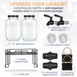 CHALLENGE US Laundry Detergent Dispenser – 2X Fabric Softener + Liquid Soap Containers w/Spout, Lid, Drip Mats and Stand – 1 Gallon Glass Jars for Laundry Room Organization/Decor - 2-Pack