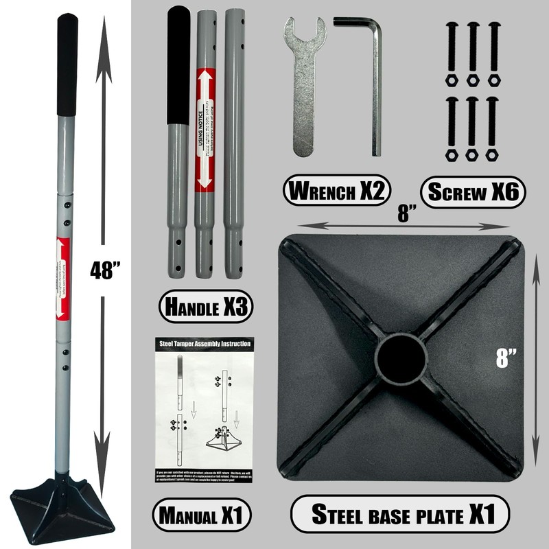 Heavy Duty Steel Tamper 8"x8" with 48 inch Handle and