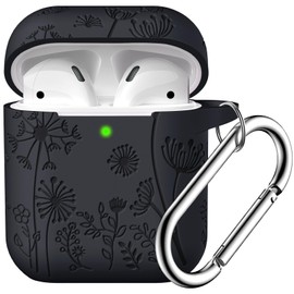 Lerobo for AirPod Case 2nd 1st Generation Case Cover, Flower Engraved Full Protective Case Compatible with Apple AirPod Charging Case with Keychain Soft Silicone Pattern Front LED Visible, Black
