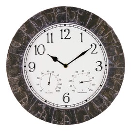 Bestime 14-Inch Faux-Slate Indoor/Outdoor Weatherproof Stone Wall Clock with Thermometer, Hygrometer. Weather Resistant is Ideal for Garden, Lanai, Farmhouse, Yard, Home Decoration.