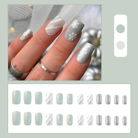 24 Pcs Christmas Press on Nails Short Winter Fake Nails Square Nail Tips Acrylic Nails Snowflake Lines Glitter Design Glossy False Nails Kit Silver Stick on Nails for Women Girls