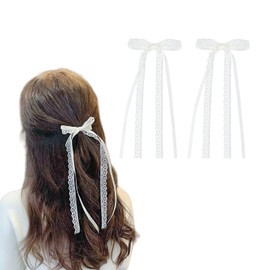 2 Pcs White Lace Bow Hair Clip Lace Hair Bow with Long Tail Women & Girls Cute Ribbon Bows for Hair Decorative Accessories for Back to School Birthday Christmas