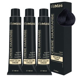FemMas Hair Colour, Professional Cream Hair Colour with Argan Oil, Keratin & Ceramides, as Permanent Hair Colouring or Tint for Radiant, Durable Colour Results, 3x Black 1, 100 ml