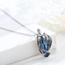 Dragon Necklace 925 Sterling Silver Winged Dragon Pendant with Blue Crystal Necklace Gothic Animal Double Dragon Jewellery Gifts for Men Women