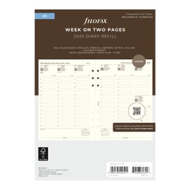 Filofax Calendar Diary Refill, A5 Size, Week-to-View with Appointments, Cotton Cream Paper, Multilingual: Five Languages, 2025 (C68513-25)